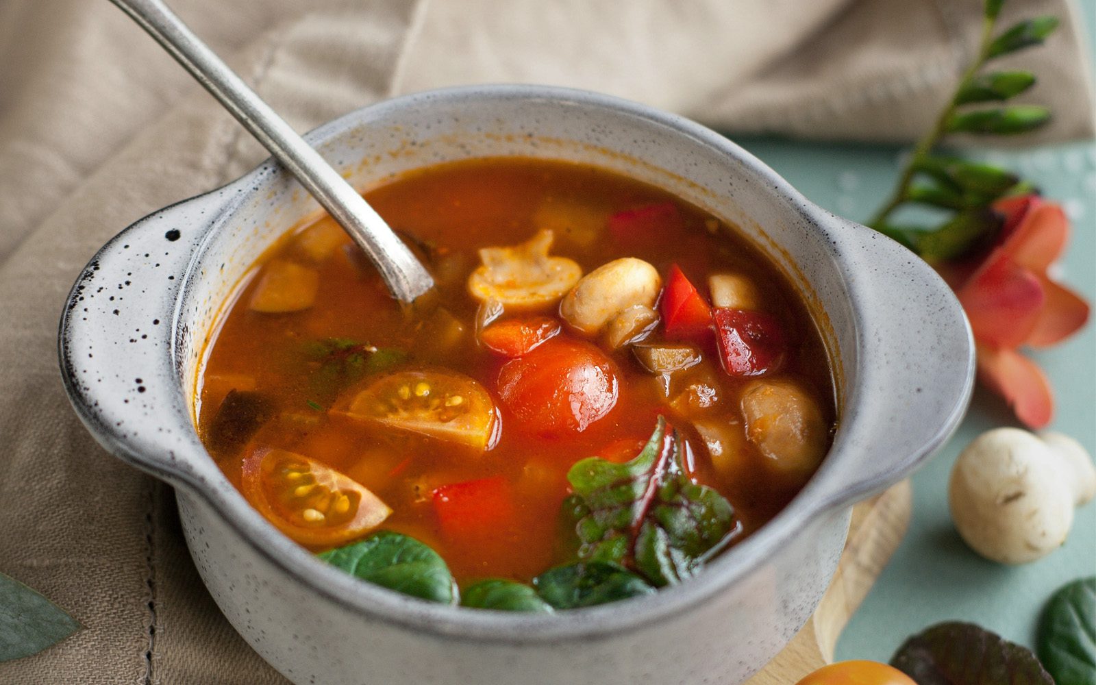 A warming bowl of tomato broth with white beans, sliced mushrooms, cherry tomatoes, red bell pepper, and fresh chard leaves in a speckled stoneware bowl on a beige linen napkin — a Warming Hearth meal in natural daylight
